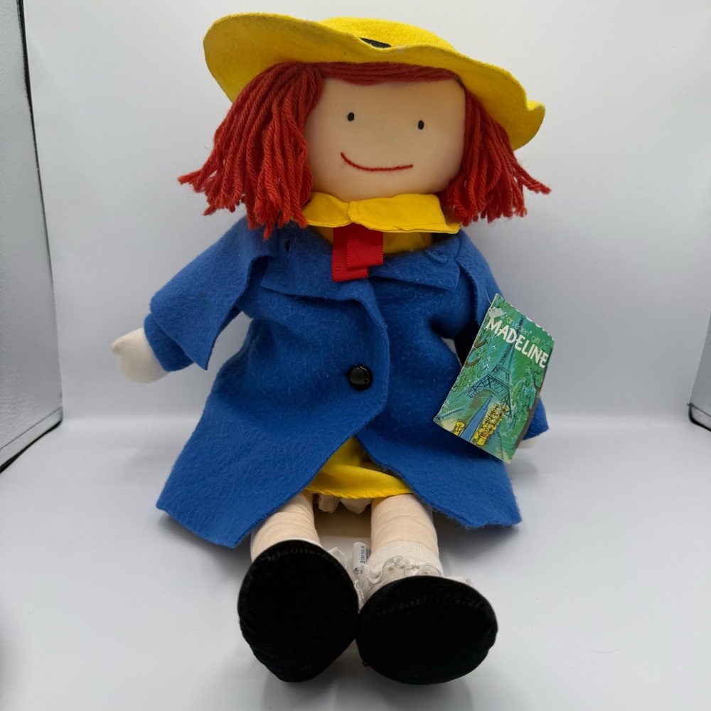 VTG 1990 Eden Toys 15" Madeline Doll Red Yarn Hair Blue Coat Dress With Book Tag